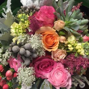 Brides bouquet classic Succulents roses, dusty miller, stock , hypericum