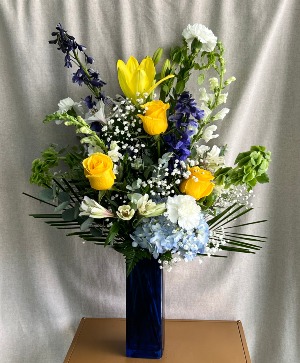 BRIGHT BLUE BUNCH VASE FLOWER ARRANGEMENT