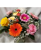 BRIGHT DELIGHT! ROSES...MINI GERBERA DAISIES (E) And mini carnations arrangement..with a BUTTERFLY PICK.(colors may vary)