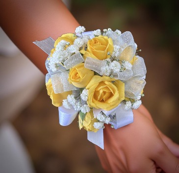Bright Star Baby Blue and White Ribbon with yellow roses in Whittier, CA | Rosemantico Flowers
