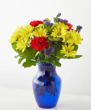 Brighter Days  Blue Vase Red, Yellow, Purple Flowers 