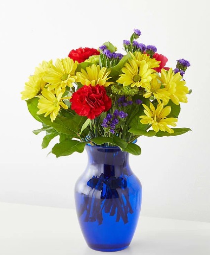Brighter Days  Blue Vase Red, Yellow, Purple Flowers 