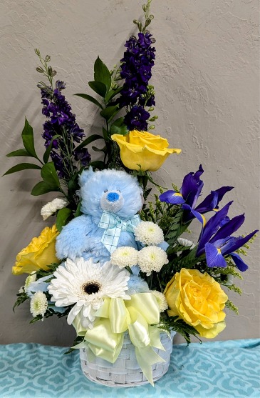 Bundle of Joy Basket  New Baby Boy Arrangement and Teddy in Bend, OR | AUTRY'S 4 SEASONS FLORIST
