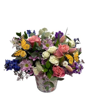 Butterfly Kisses Floral Tin Arrangement