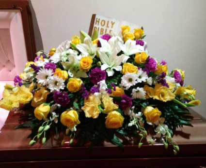 C#28 Yellow and Purple spray  Funeral 
