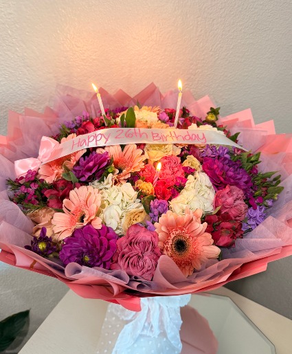 CANDLE FLORAL BOUQUET  BIRTHDAY FLOWERS 
