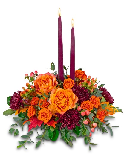 Candlelit Persimmon Centerpiece Flower Arrangement