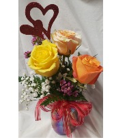 CANDY HEARTS. 3 mixed ROSES  (VD) In a pint iridescent mason jar with heart pic and seasonal filler and bow