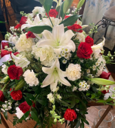 Red and White Casket Spray Arrangement  