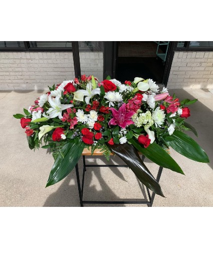 Casket Spray Red, Hot Pink, and White  