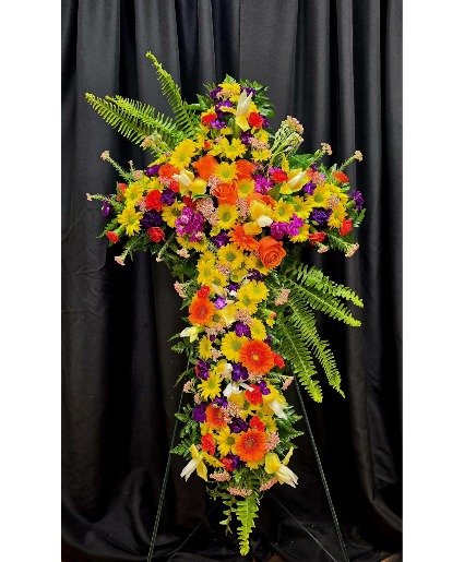 CELEBRATION OF LIFE CROSS SHAPED STANDING SPRAY