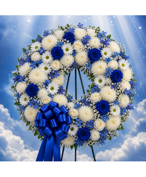 Celestial Blue Wreath Call Us for Faster Service & Daily Specials: (915) 303-8500 Text Us to Order Anytime: (915) 505-3708 Your trusted source for Flowers & Delivery in El Paso TX