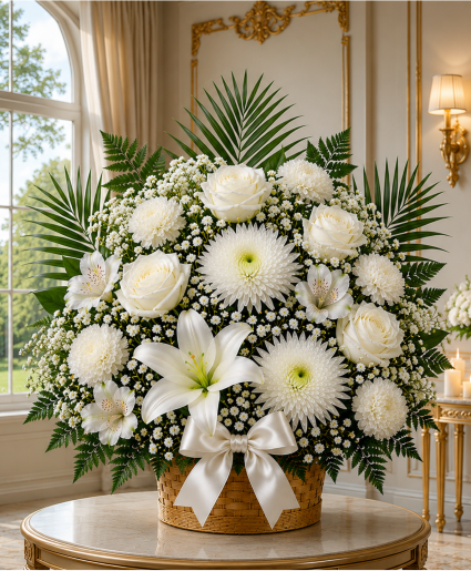 Celestial White Basket Call Us for Faster Service & Daily Specials: (915) 303-8500 Text Us to Order Anytime: (915) 505-3708 Your trusted source for Flowers & Delivery in El Paso TX 