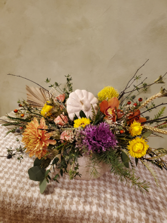 ceramic pumpkin fall flowers Round natural centerpiece 