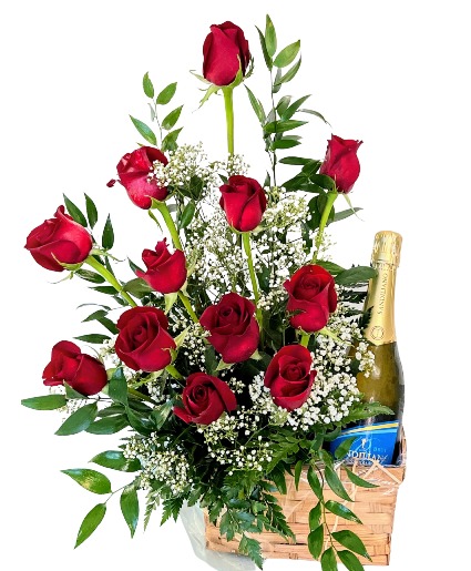 Champagne and Roses Basket arrangement 