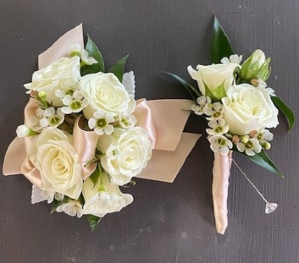 Champagne by Moonlight Wrist Corsage & Boutonniere Set in Jamestown, NC -  Blossoms Florist & Bakery