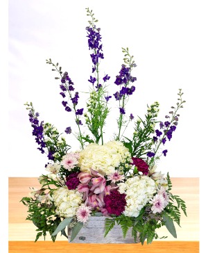 Cherished: Purple and White  Wooden Box Arrangement