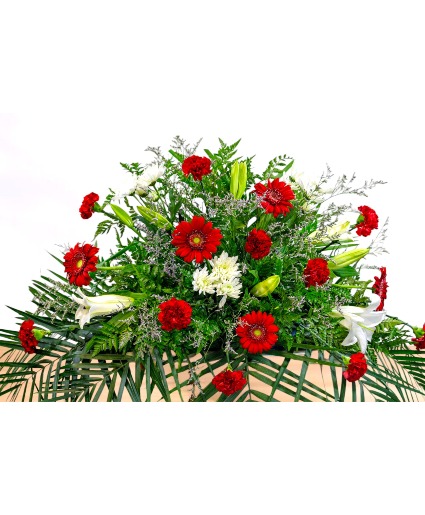 Eternal: Red Gerber and White  Casket Spray