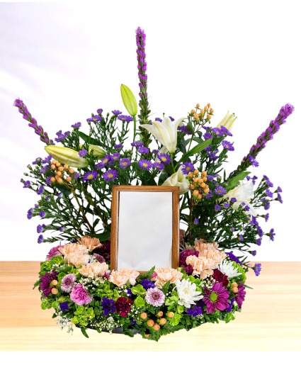 Cherished: Purple, Peach and Green Picture or Urn Spray