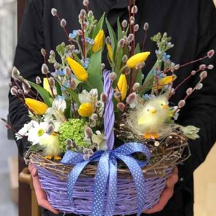 Chicks & Pussy Willow Basket Next Day Delivery 