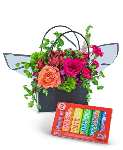 Chocolate-Covered Roses Blooming Tote Ensemble Flower Arrangement