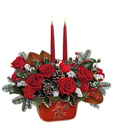 Christmas Classic Cardinal Centerpiece Christmas Flowers in Riverside, CA | Willow Branch Florist of Riverside