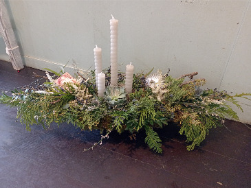 Winter Arrangement Long & Low with Candles in Glastonbury, CT | THE FLOWER DISTRICT