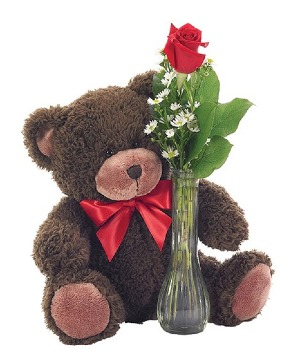 Classic Bud Vase Rose With Teddy Bear 