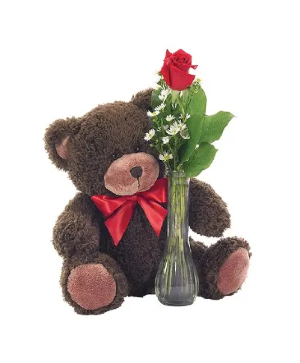 Classic Bud Vase Rose With Teddy Bear Floral Arrangement