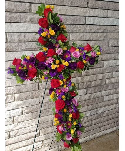 Colorful Flower Cross Funeral Arrangement
