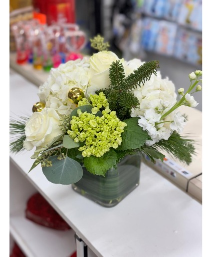 compact whites and greens  square vase 