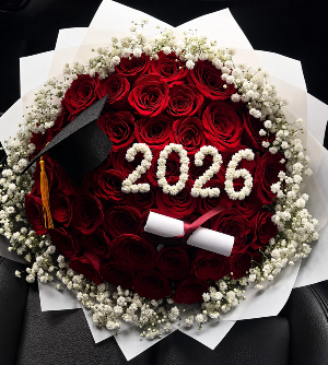 Congrats Grad Bouquet Bouquet made of 50 roses with baby breath around and added accesories