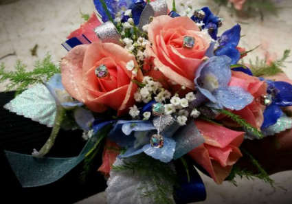 Coral Roses & Blue Delphinum Wrist Corsage