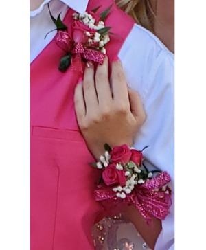 Corsage and Bout...corsage 3 sweetheart (CO) roses and bout...2 sweetheart roses...all with filler...corsages on slap bracelets...both for 53.95 plus tax