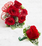 Corsage and matching boutonniere! Your color choice of ribbon and sparkles!