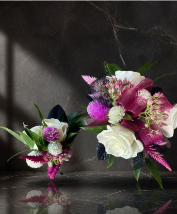 Hot pink, white & black corsage & boutonniere in Eagle, ID | Hope Blooms Flowers & Things