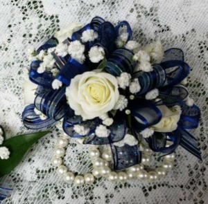 Corsage with Pearl Bracelet White & Royal Blue