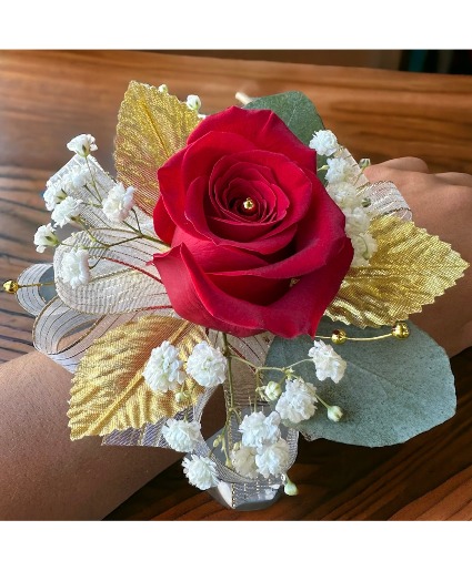 Red and Gold Wrist Corsage