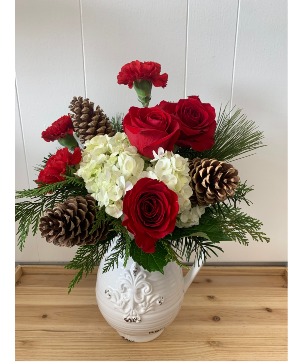 Country Christmas Pitcher Fresh Arrangement 