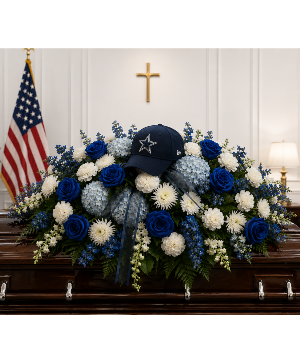 Cowboys Blue Legacy Casket Spray Call Us for Faster Service & Daily Specials: (915) 303-8500 Text Us to Order Anytime: (915) 505-3708 Your trusted source for Flowers & Delivery in El Paso TX 