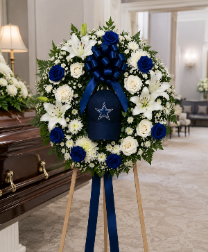 Cowboys Blue Legacy Wreath Call Us for Faster Service & Daily Specials: (915) 303-8500 Text Us to Order Anytime: (915) 505-3708 Your trusted source for Flowers & Delivery in El Paso TX 