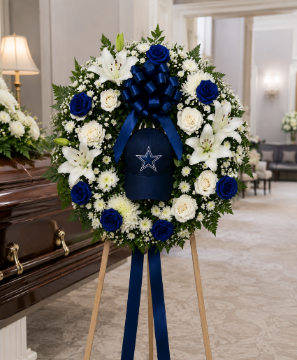 Cowboys Blue Legacy Wreath Call Us for Faster Service & Daily Specials: (915) 303-8500 Text Us to Order Anytime: (915) 505-3708 Your trusted source for Flowers & Delivery in El Paso TX 