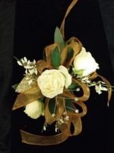 CR-8 White Spray Rose Gold Ribbon Corsage-Wrist
