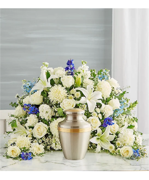 Crescent Cremation Arrangement- Blue and White sympathy arrangements