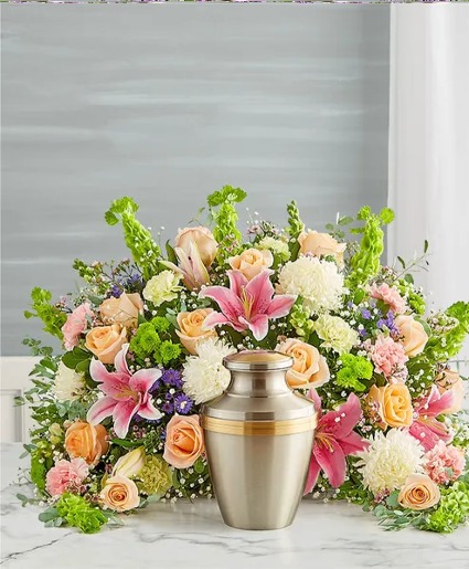 Crescent Cremation Arrangement- Pastel sympathy arrangements