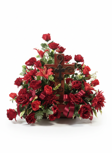Crimson Faith Silk Cross Arrangement SS-116 Sympathy Silk Arrangement in Cleveland, TX | EASY STREET FLORIST