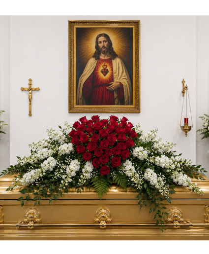 Crimson Rose Remembrance Casket Spray Call Us for Faster Service & Daily Specials: (915) 303-8500 Text Us to Order Anytime: (915) 505-3708 Your trusted source for Flowers & Delivery in El Paso TX 