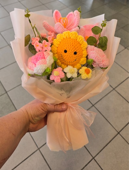 Crochet Flowers - Pink/Yellow Wrapped Bouquet