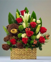 Cuddle Me Roses & Lilies Basket Same Day Delivery