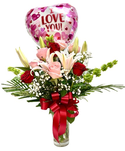 Cupid's Arrow Pink+Red Roses with Lilies
